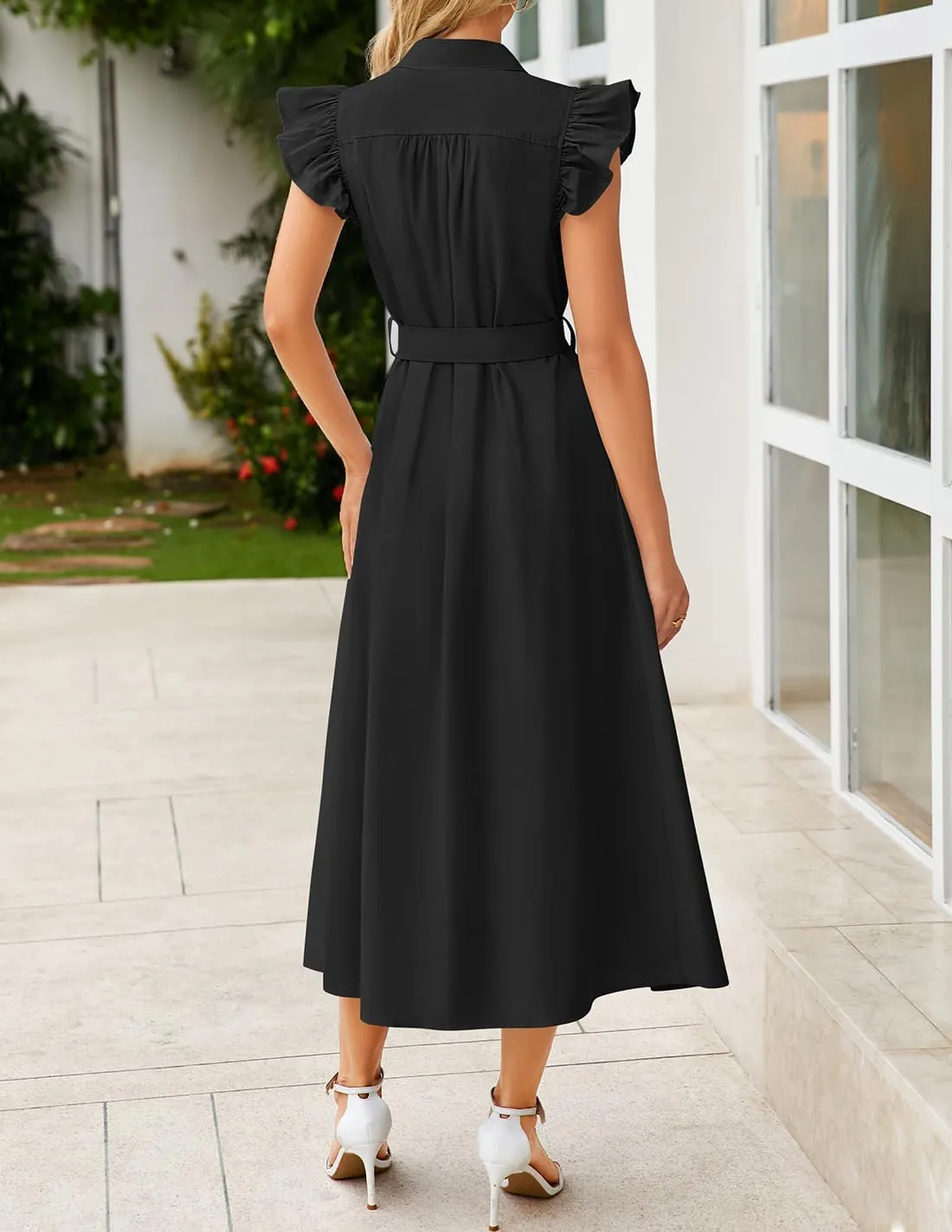 ZESICA Women's 2025 Summer Boho Button Midi Dresses Casual V Neck Flutter Sleeve Belted Long Dresses with Pockets