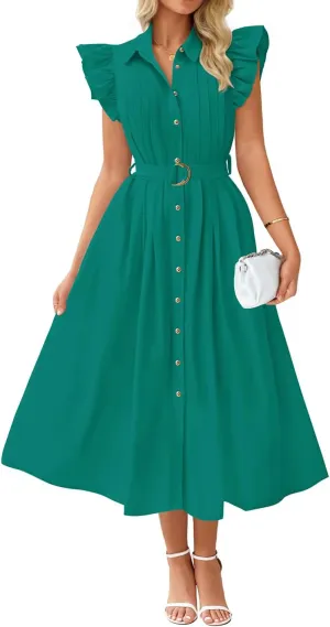 ZESICA Women's 2025 Summer Boho Button Midi Dresses Casual V Neck Flutter Sleeve Belted Long Dresses with Pockets