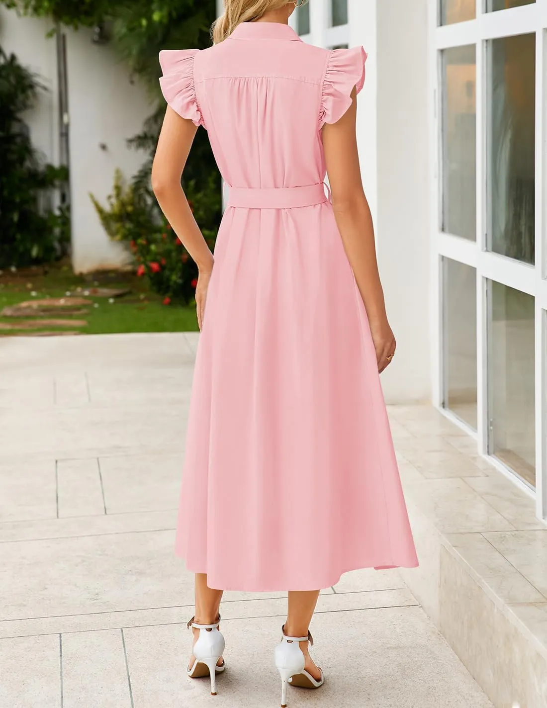 ZESICA Women's 2025 Summer Boho Button Midi Dresses Casual V Neck Flutter Sleeve Belted Long Dresses with Pockets