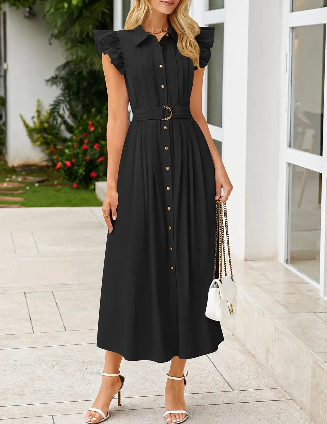 ZESICA Women's 2025 Summer Boho Button Midi Dresses Casual V Neck Flutter Sleeve Belted Long Dresses with Pockets