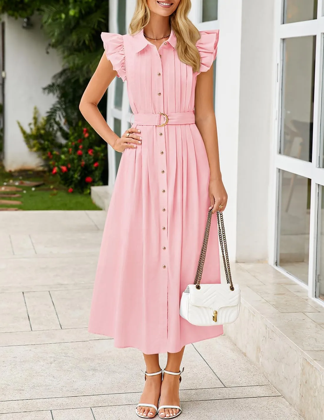 ZESICA Women's 2025 Summer Boho Button Midi Dresses Casual V Neck Flutter Sleeve Belted Long Dresses with Pockets
