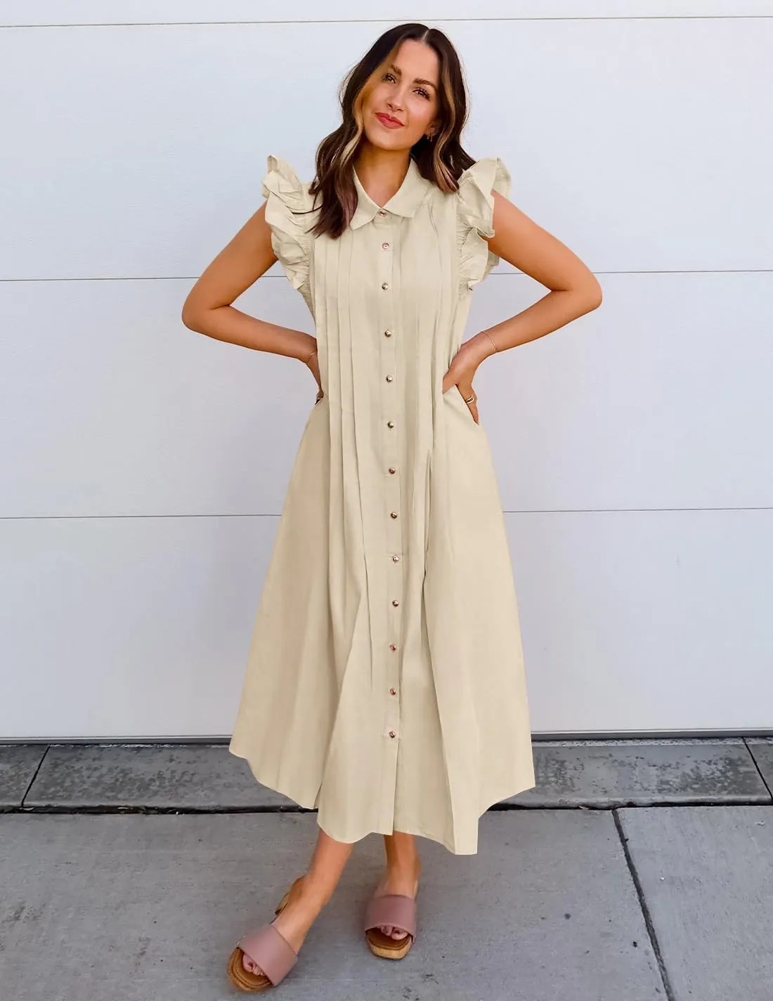 ZESICA Women's 2025 Summer Boho Button Midi Dresses Casual V Neck Flutter Sleeve Belted Long Dresses with Pockets