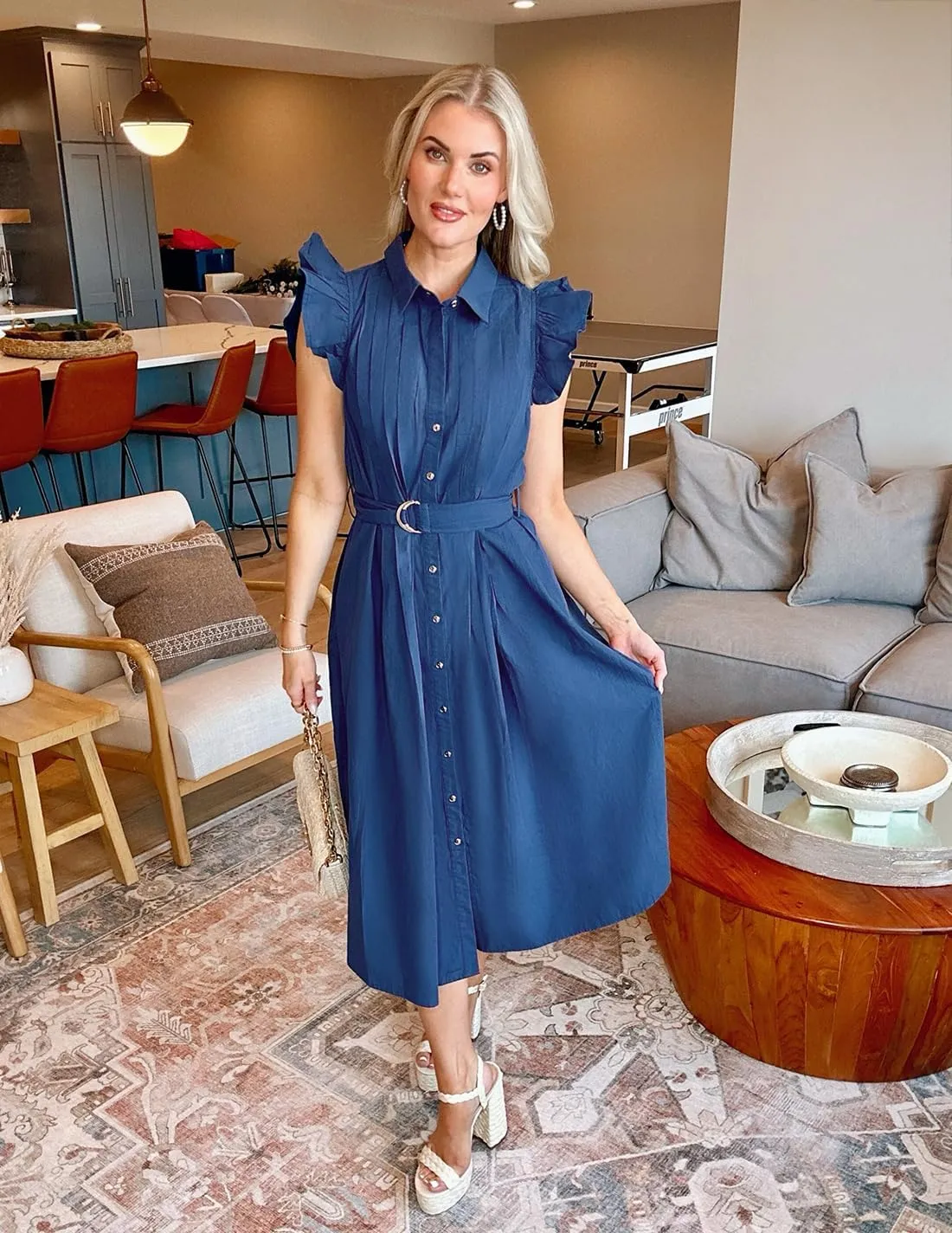 ZESICA Women's 2025 Summer Boho Button Midi Dresses Casual V Neck Flutter Sleeve Belted Long Dresses with Pockets