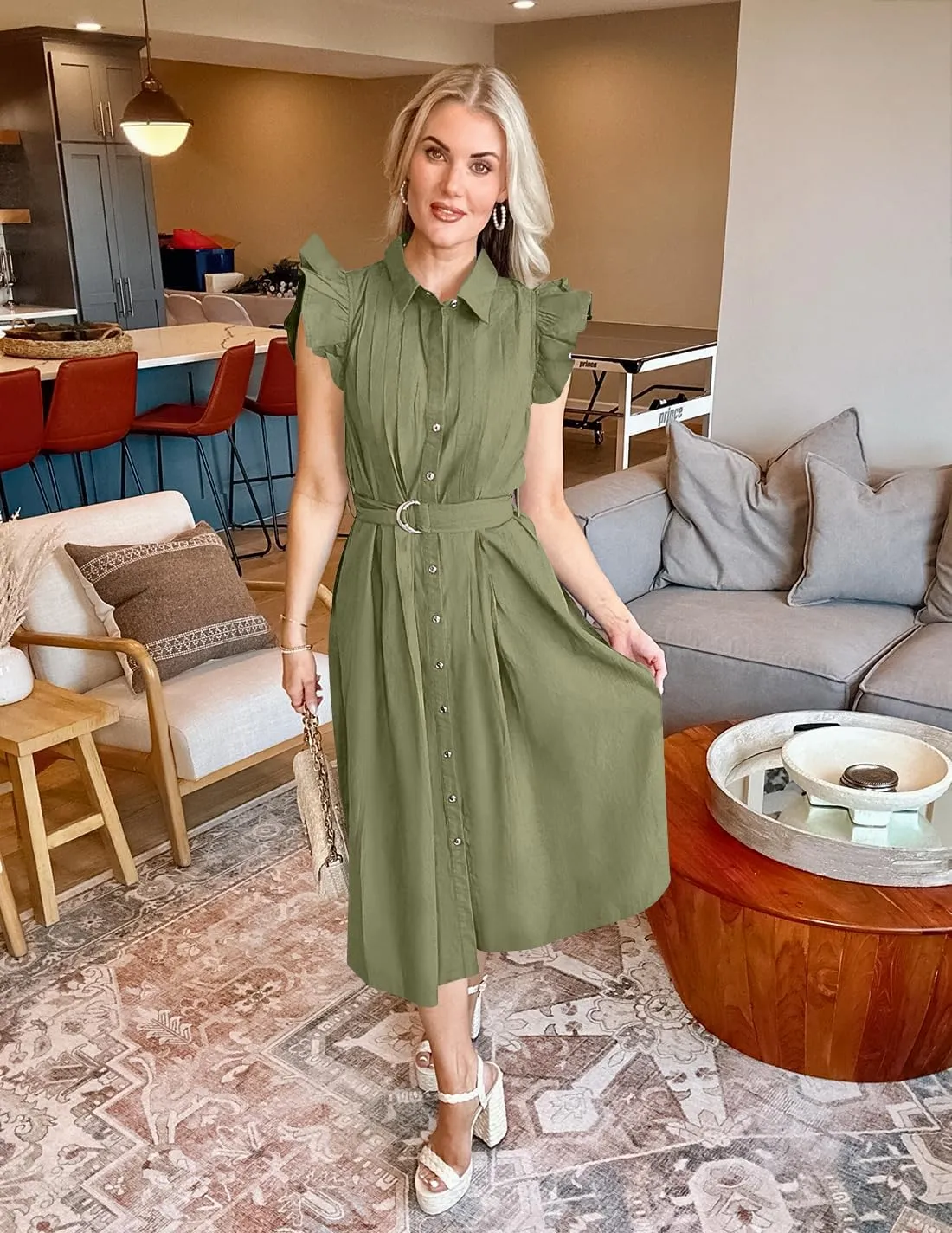 ZESICA Women's 2025 Summer Boho Button Midi Dresses Casual V Neck Flutter Sleeve Belted Long Dresses with Pockets