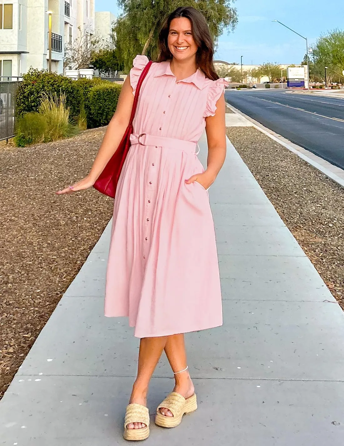 ZESICA Women's 2025 Summer Boho Button Midi Dresses Casual V Neck Flutter Sleeve Belted Long Dresses with Pockets