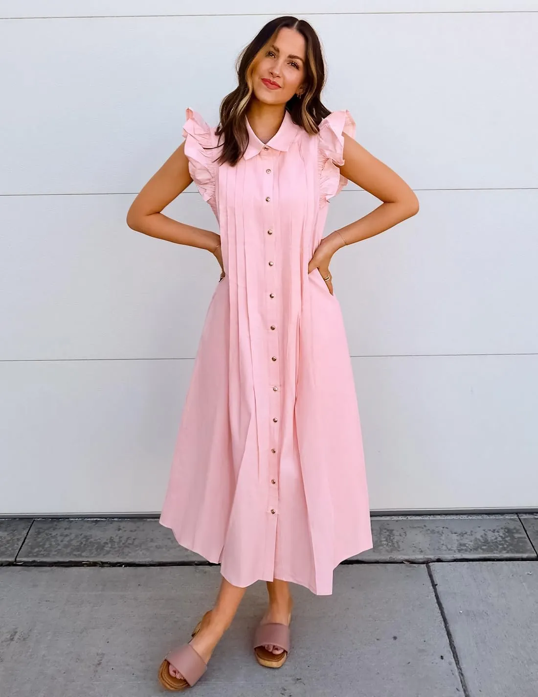 ZESICA Women's 2025 Summer Boho Button Midi Dresses Casual V Neck Flutter Sleeve Belted Long Dresses with Pockets