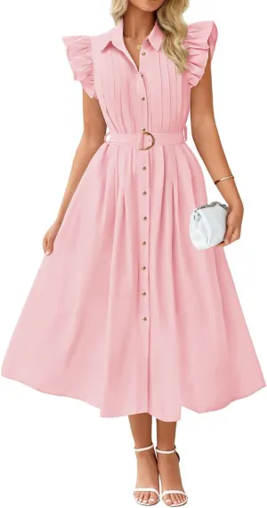 ZESICA Women's 2025 Summer Boho Button Midi Dresses Casual V Neck Flutter Sleeve Belted Long Dresses with Pockets