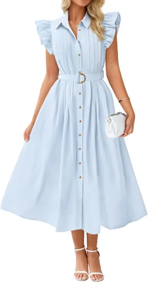 ZESICA Women's 2025 Summer Boho Button Midi Dresses Casual V Neck Flutter Sleeve Belted Long Dresses with Pockets