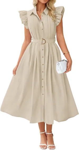 ZESICA Women's 2025 Summer Boho Button Midi Dresses Casual V Neck Flutter Sleeve Belted Long Dresses with Pockets