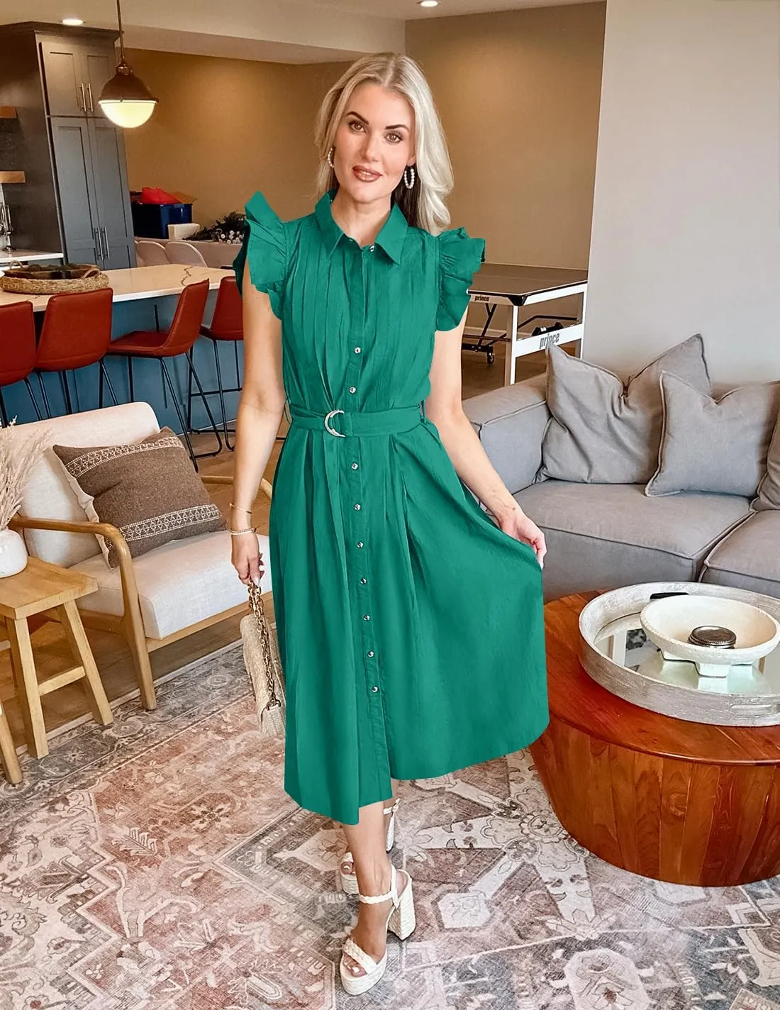 ZESICA Women's 2025 Summer Boho Button Midi Dresses Casual V Neck Flutter Sleeve Belted Long Dresses with Pockets