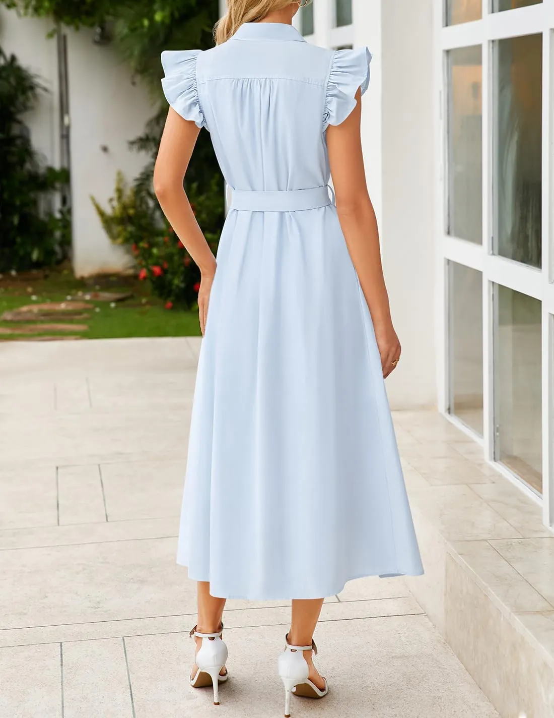 ZESICA Women's 2025 Summer Boho Button Midi Dresses Casual V Neck Flutter Sleeve Belted Long Dresses with Pockets
