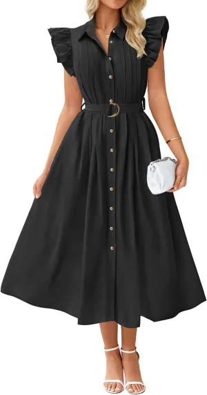 ZESICA Women's 2025 Summer Boho Button Midi Dresses Casual V Neck Flutter Sleeve Belted Long Dresses with Pockets