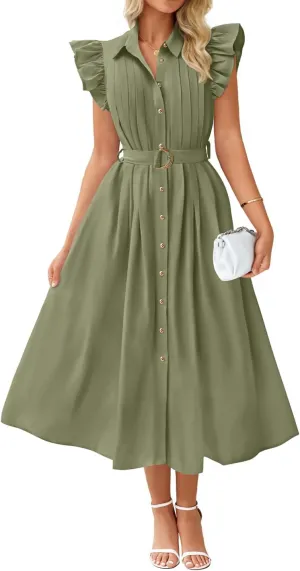 ZESICA Women's 2025 Summer Boho Button Midi Dresses Casual V Neck Flutter Sleeve Belted Long Dresses with Pockets