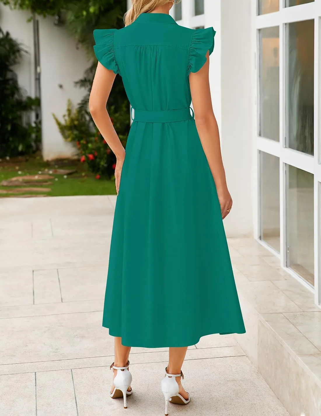 ZESICA Women's 2025 Summer Boho Button Midi Dresses Casual V Neck Flutter Sleeve Belted Long Dresses with Pockets