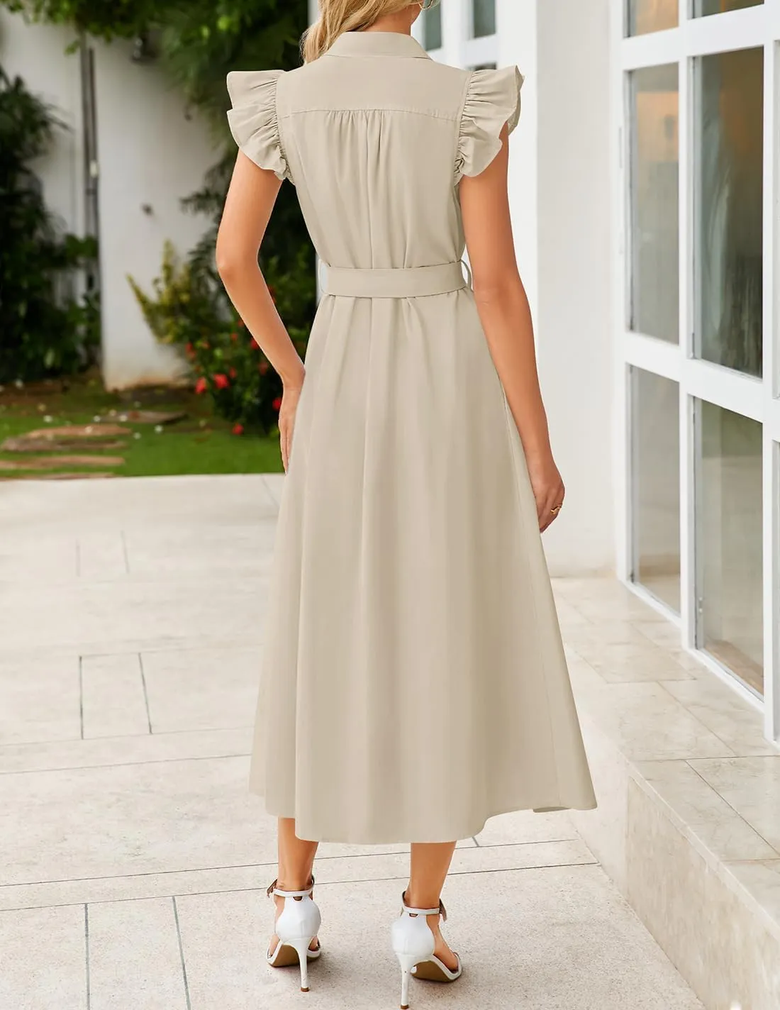 ZESICA Women's 2025 Summer Boho Button Midi Dresses Casual V Neck Flutter Sleeve Belted Long Dresses with Pockets
