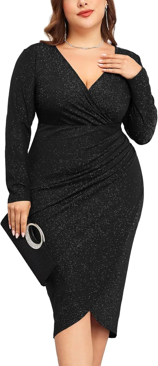 ZOMVA Plus Size 0X-4X Sparkly Glitter Ruched Bodycon Midi Dress Sparkle Sequin Wrap Ruffle Sleeve Dress Cocktail Party Formal