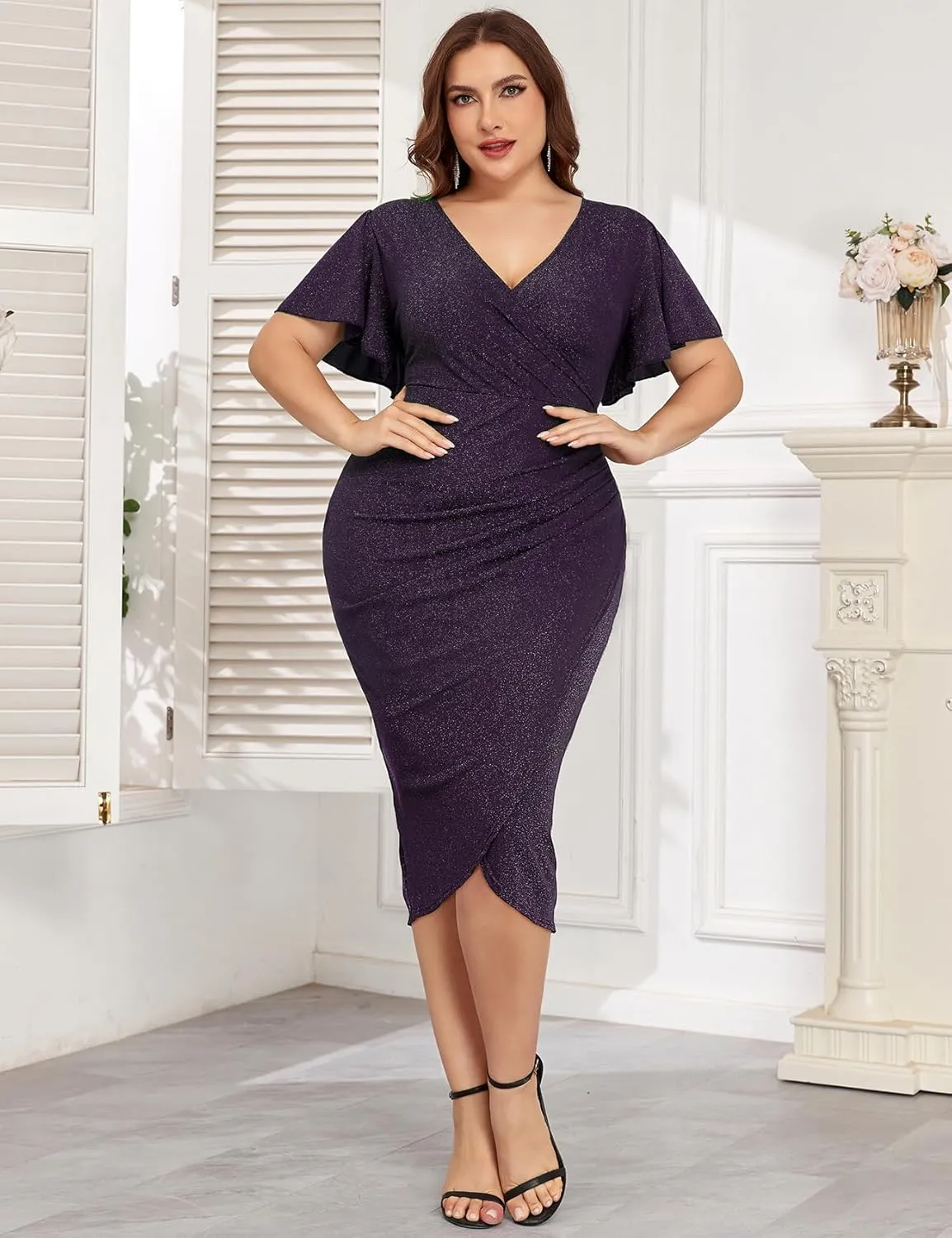 ZOMVA Plus Size 0X-4X Sparkly Glitter Ruched Bodycon Midi Dress Sparkle Sequin Wrap Ruffle Sleeve Dress Cocktail Party Formal