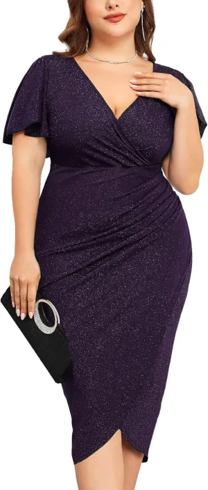ZOMVA Plus Size 0X-4X Sparkly Glitter Ruched Bodycon Midi Dress Sparkle Sequin Wrap Ruffle Sleeve Dress Cocktail Party Formal