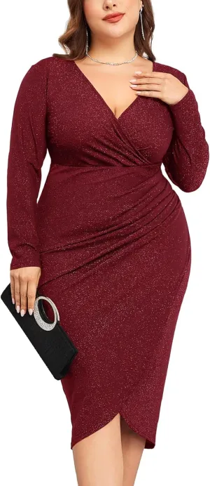 ZOMVA Plus Size 0X-4X Sparkly Glitter Ruched Bodycon Midi Dress Sparkle Sequin Wrap Ruffle Sleeve Dress Cocktail Party Formal