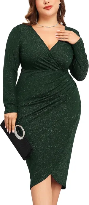 ZOMVA Plus Size 0X-4X Sparkly Glitter Ruched Bodycon Midi Dress Sparkle Sequin Wrap Ruffle Sleeve Dress Cocktail Party Formal