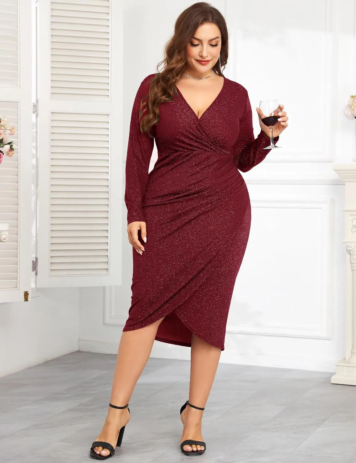 ZOMVA Plus Size 0X-4X Sparkly Glitter Ruched Bodycon Midi Dress Sparkle Sequin Wrap Ruffle Sleeve Dress Cocktail Party Formal