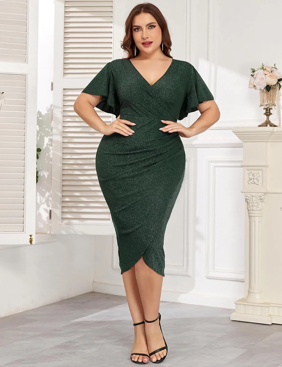 ZOMVA Plus Size 0X-4X Sparkly Glitter Ruched Bodycon Midi Dress Sparkle Sequin Wrap Ruffle Sleeve Dress Cocktail Party Formal