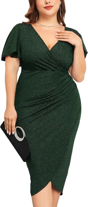 ZOMVA Plus Size 0X-4X Sparkly Glitter Ruched Bodycon Midi Dress Sparkle Sequin Wrap Ruffle Sleeve Dress Cocktail Party Formal