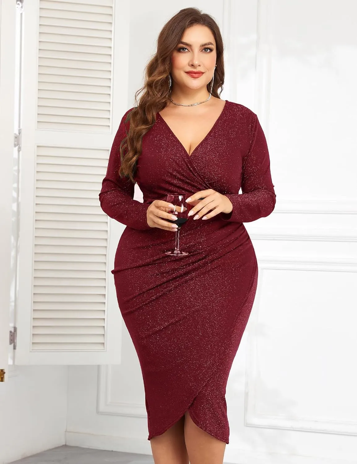 ZOMVA Plus Size 0X-4X Sparkly Glitter Ruched Bodycon Midi Dress Sparkle Sequin Wrap Ruffle Sleeve Dress Cocktail Party Formal