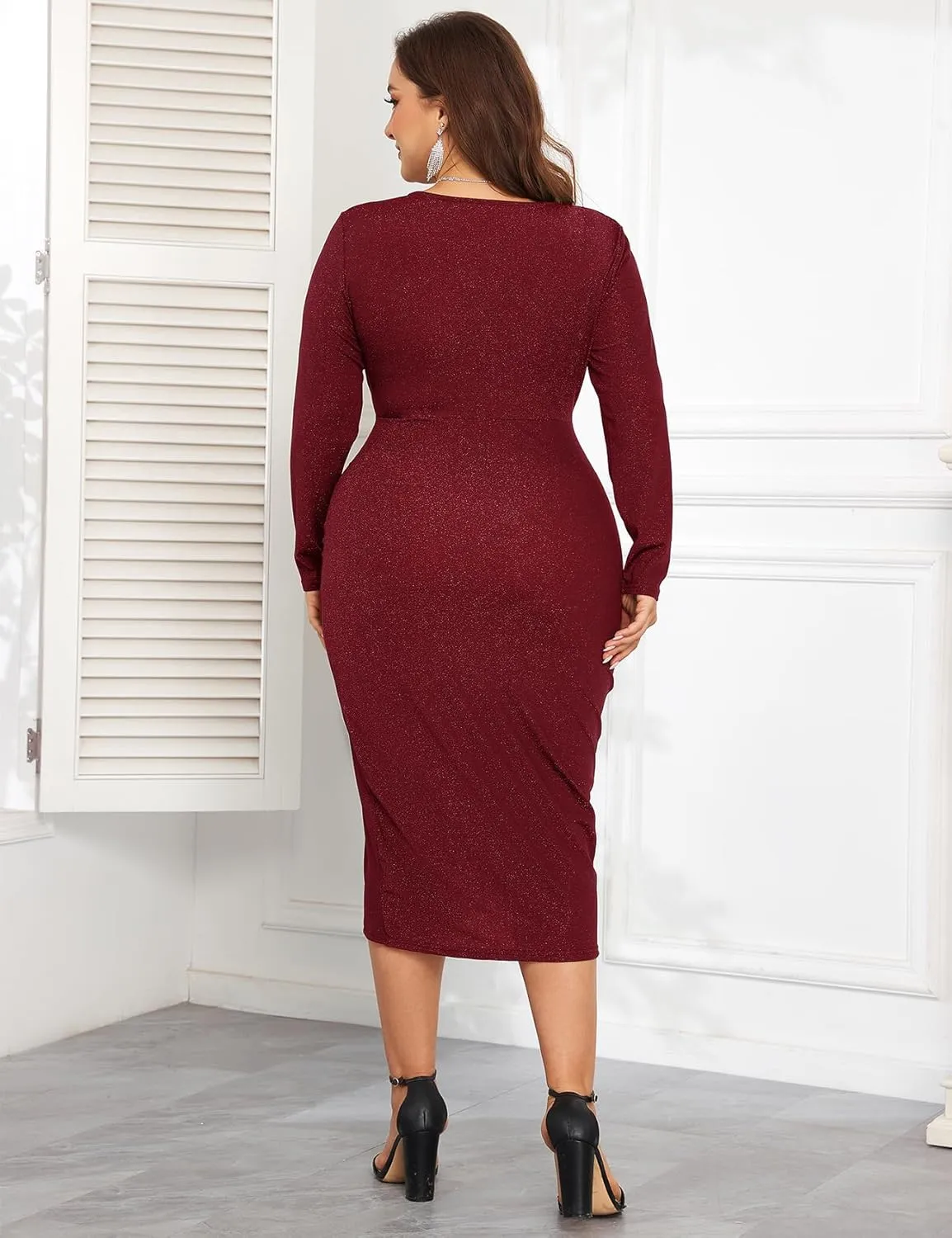ZOMVA Plus Size 0X-4X Sparkly Glitter Ruched Bodycon Midi Dress Sparkle Sequin Wrap Ruffle Sleeve Dress Cocktail Party Formal