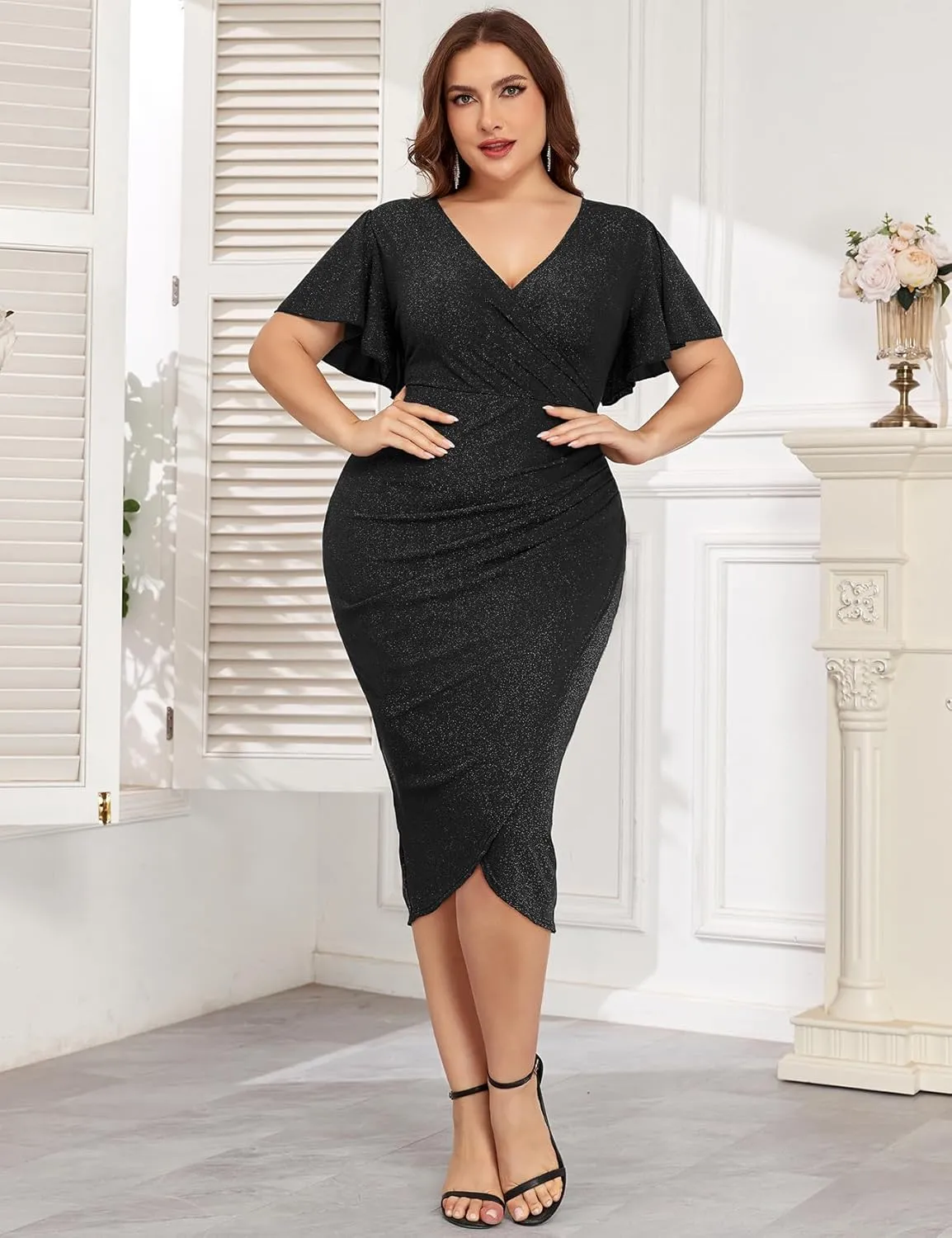ZOMVA Plus Size 0X-4X Sparkly Glitter Ruched Bodycon Midi Dress Sparkle Sequin Wrap Ruffle Sleeve Dress Cocktail Party Formal