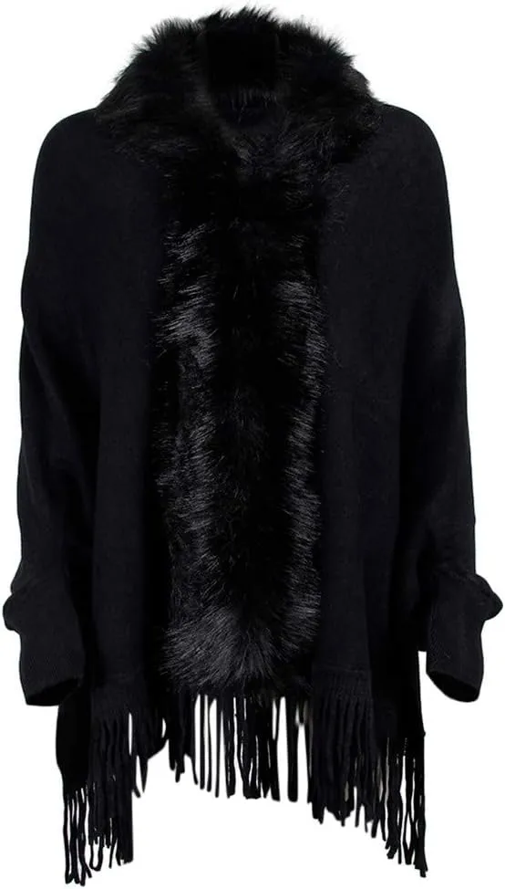 ZYXTIM Faux Fur Shawl Wrap Cape Women's Elegant Long Bat Sleeve Stand Collar Drap Hem Tassel Warm Winter Coat Cape Cloak