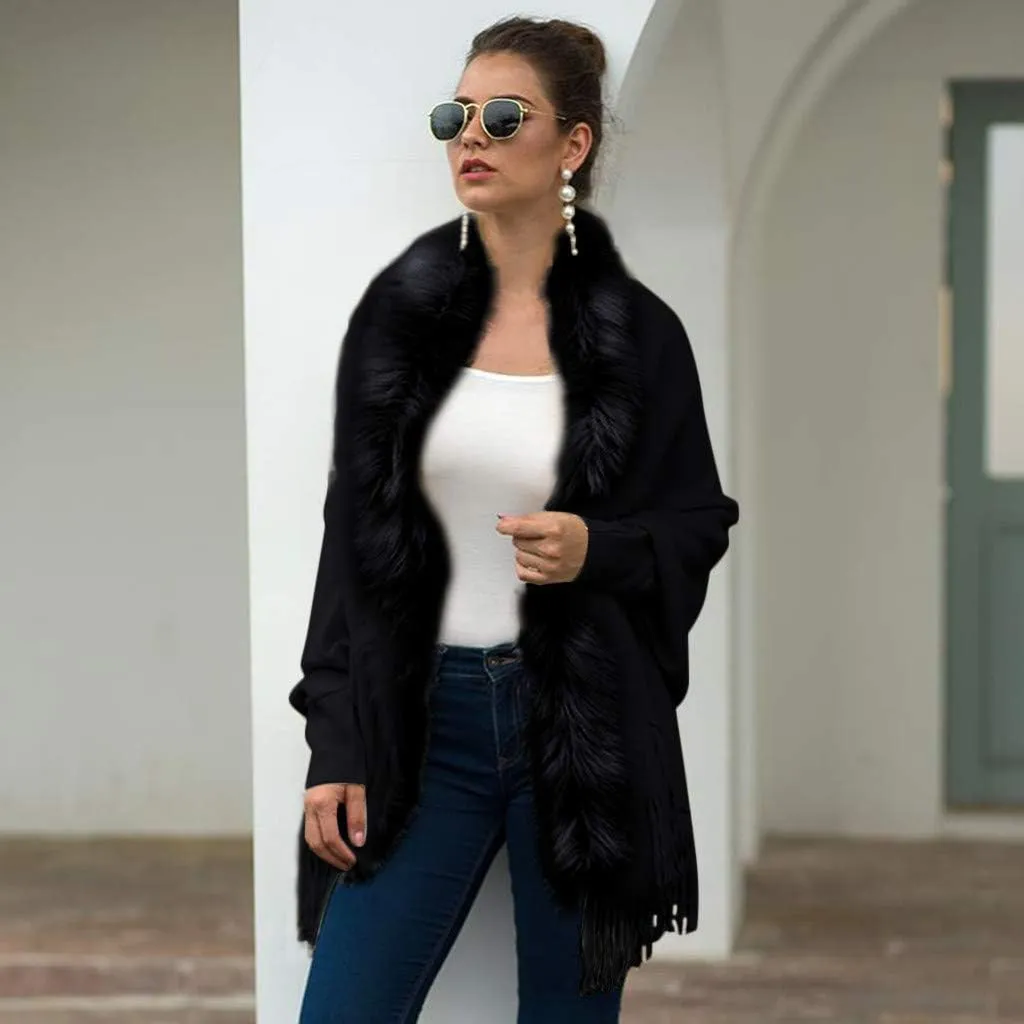 ZYXTIM Faux Fur Shawl Wrap Cape Women's Elegant Long Bat Sleeve Stand Collar Drap Hem Tassel Warm Winter Coat Cape Cloak