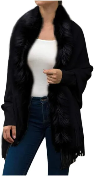 ZYXTIM Faux Fur Shawl Wrap Cape Women's Elegant Long Bat Sleeve Stand Collar Drap Hem Tassel Warm Winter Coat Cape Cloak